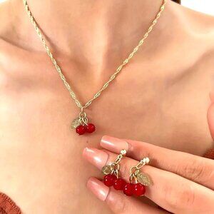 Necklace & Earrings Cherry Bomb 3 pc Charm Sweet Pendant Croquette Style